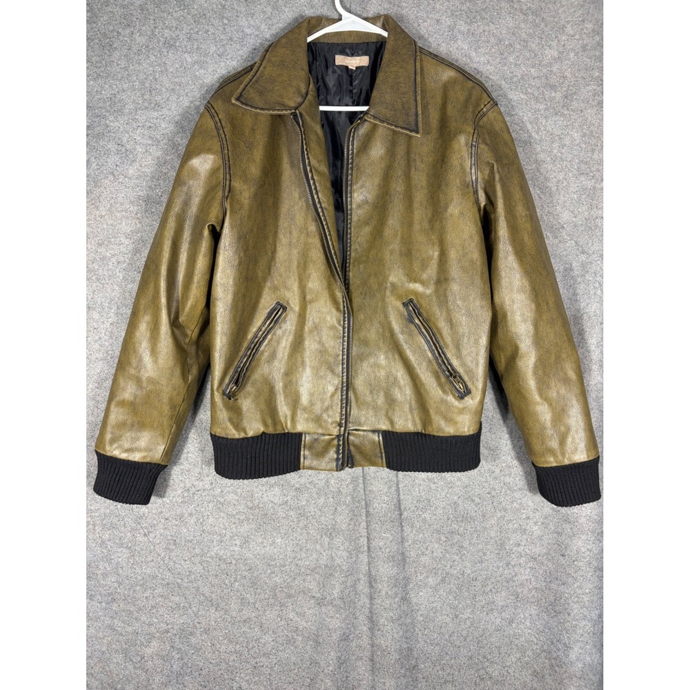 Texcasualmen Mens Faux Leather Bomber Jacket Olive Green Distressed Full Zip L